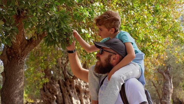 Travel with people. Caucasian father and his child boy or girl walking together exploring path in ancient forest public park summer. Kid happily jumping. Family together leisure time activities.