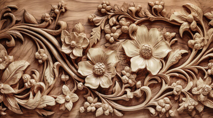 Natural wood plank carving, floral design with carved branches, leaves, and flowers. Abstract illustration created with Generative AI technology.