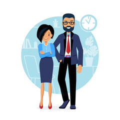 Two employees man and woman, are standing in round office in  dress code. Flat style. Short female asymmetrical hairstyle with black hair. Guy with beard and glasses