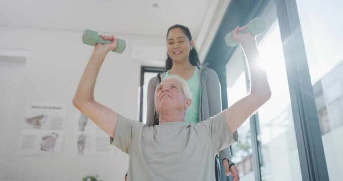 Help, dumbbell and consulting with old man and physiotherapist for medical, wellness or fitness. Rehabilitation, weights and physiotherapy with senior patient and woman for healthcare and support