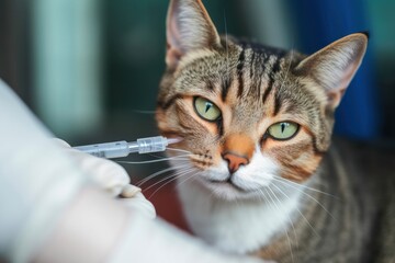 Veterinary doctor giving injection for angry cat. medicine, pet, animals, health care concept - close up of veterinarian doctor checking up at vet clinic. Cat visiting vet for regular checkup