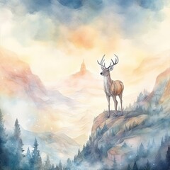 watercolor deer standing on a hill overlooking a beautiful landscape Generative Ai