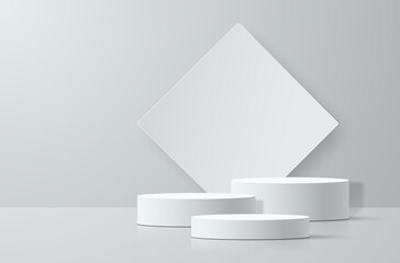 White room with cylindrical podiums. 3d scene for product presentation.