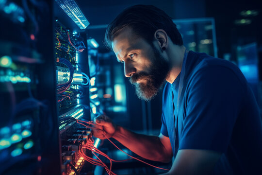 IT specialist troubleshooting network equipment in a server room, IT specialists, bokeh Generative AI