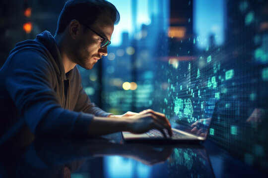 IT specialist conducting cybersecurity analysis and implementing security measures, IT specialists, bokeh Generative AI