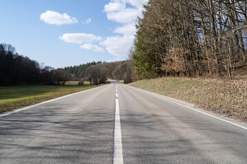 Rural road with leafless trees on the sides and a blue sunny sky in spring