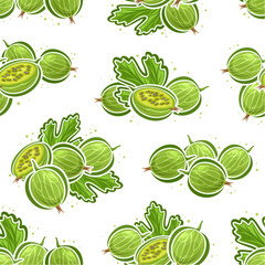 Vector Green Gooseberry seamless pattern, repeat background with illustration of gooseberries still life composition for wrapping paper, collection of flat lay green gooseberry fruit for home interior