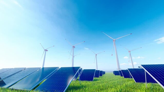 ULTRA HD. Solar power plant and windmills. Renewable energy, green tech. Green energy, renewable energy concept.