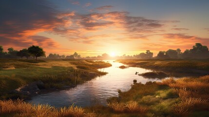 Fototapeta na wymiar a river on the horizon with a sunrise behind it Generative Ai