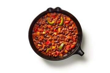 Chili con carne in skillet. Minced meat with vegetables topview white background generative AI