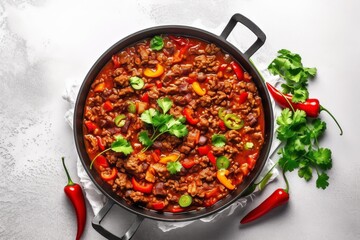 Chili con carne in skillet. Minced meat with vegetables topview white background generative AI