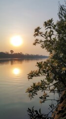 Fototapeta na wymiar the sun setting over a river in morning Generative Ai