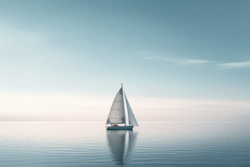 Minimalist photography of a sailboat, Japanese minimalism. A sailing boat at sunset sails on the blue sea against a blue sky. Generative AI professional photo imitation.