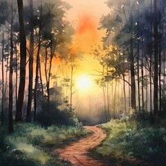watercolor sunset in the forest Generative Ai