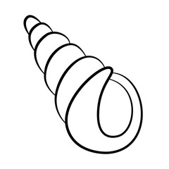 Spiral seashell black and white contour drawing isolated vector illustration. Turritella conch sea shell clipart. Sea underwater marine design element. Aquarium icon or logo. Tropical summer line art.