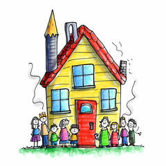 Obraz na płótnie Canvas Drawing Happy Family with Happy Home