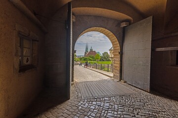 View through a historical archway of a Middle Ages castle