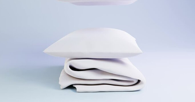 3d animation of a stack of white pillows and a folded blanket.  Pillows fall on the blanket