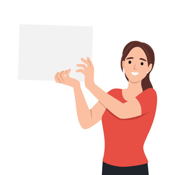 recommend clip art: Beautiful young woman holding blank billboard with empty banner for copyspace advertising and announcement messages. Flat vector illustration isolated on white background