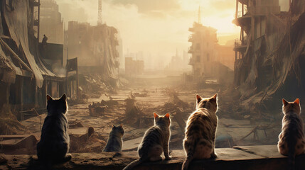 Obraz na płótnie Canvas group of cats roam the post apocalypse city