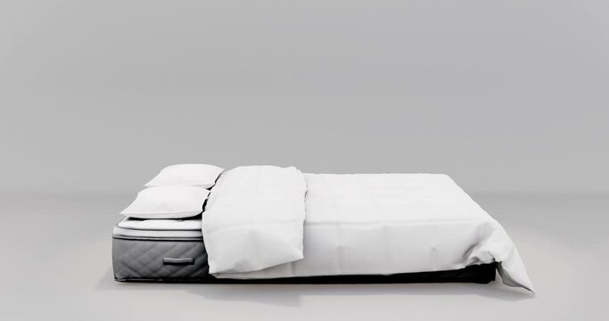 3d animation of a set of bedding. The blanket and pillows fly over the mattress and fall down.