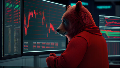 Bear in red suit with downtrend candlestick chart Ai generated image