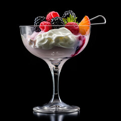 Cream with fruits and berries on the black background. Illustration, generative ai.