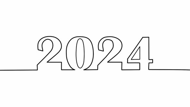 Appearing Text 2024 Continuous One Line Drawing. Black outline nubmer on white background