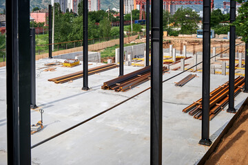 Top view of the beginning of the construction of an industrial building or warehouse.