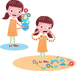 children playing with toys, broken vase