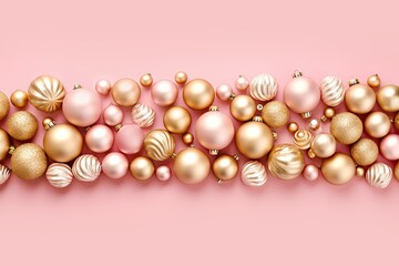 Christmas greeting card with pink and golden glass balls on pink background. Banner. Space for text. View from above. Flat lay. Generative AI.