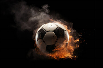 Fototapeta premium Soccer ball surrounded by dust and fire, ai generated