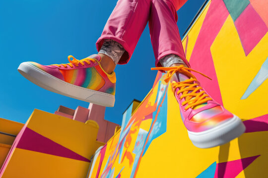 Stylish sneakers on colorful background. Female model wearing trendy shoes. Creative summer wallpaper. Fashion youth style. Created with Generative AI