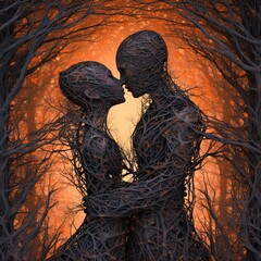 a woman's body covered in branches with a couple in love Generative Ai
