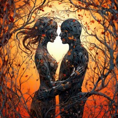 a modern illustration of two people kissing in front of the world Generative Ai