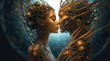 a modern illustration of two people kissing in front of the world Generative Ai