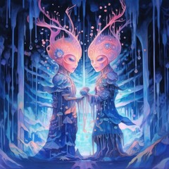 Watercolor two women in the presence of fire and stars Generative Ai