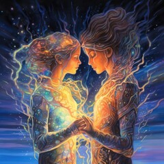 Watercolor two women in the presence of fire and stars Generative Ai