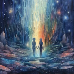 Watercolor two women in the presence of fire and stars Generative Ai
