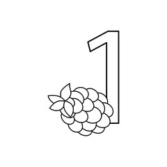 Worksheet with number one and cute fruits. Coloring book page for children. Vector black and white illustration.