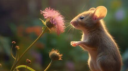 a little mouse is smelling a flower Generative Ai