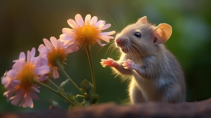 a little mouse is smelling a flower Generative Ai