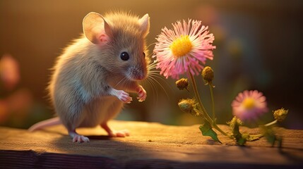 a little mouse is smelling a flower Generative Ai