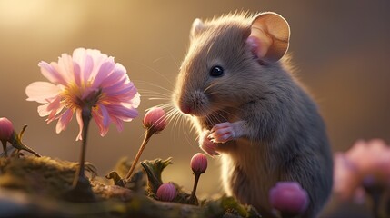 a little mouse is smelling a flower Generative Ai