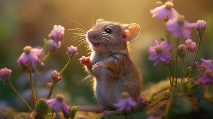 a little mouse is smelling a flower Generative Ai