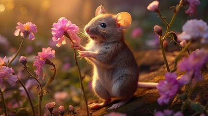 a little mouse is smelling a flower Generative Ai