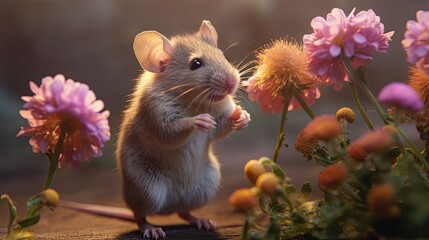 a little mouse is smelling a flower Generative Ai
