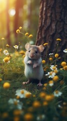 tiny little mouse eating flowers in the woods Generative Ai
