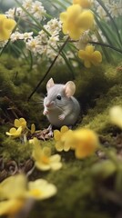 a little mouse is smelling a flower Generative Ai