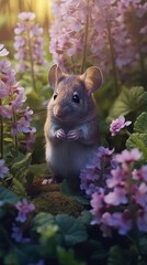 tiny little mouse eating flowers in the woods Generative Ai
